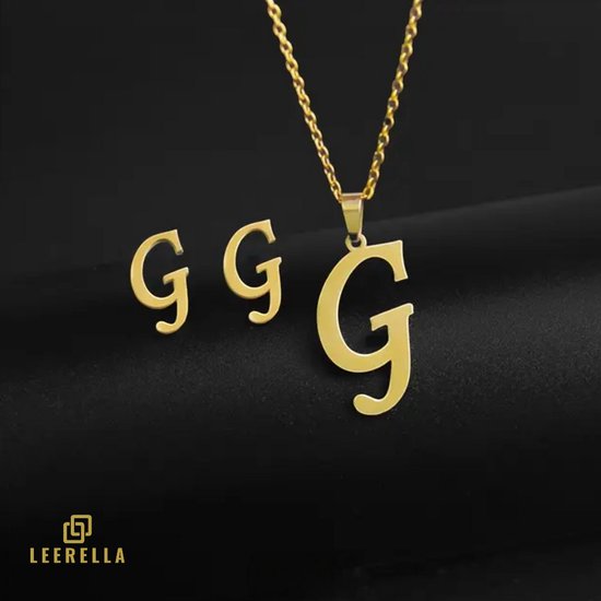 Leerella | G | Set collier et Boucles d'oreilles de Luxe avec initiales en or – Acier inoxydable – Lettres de A à Z – Bijoux personnels pour toutes les occasions, cadeau de fête des mères, de Saint-Valentin et d'anniversaire Collier 45 cm