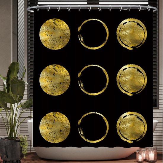 Ulticool Douchegordijn - Gouden Cirkels Zon Maan Chique - 180 x 200 cm - met 12 ringen - Anti Schimmel - Waterdicht & Wasbaar - Semi Transparant - Goud Zwart