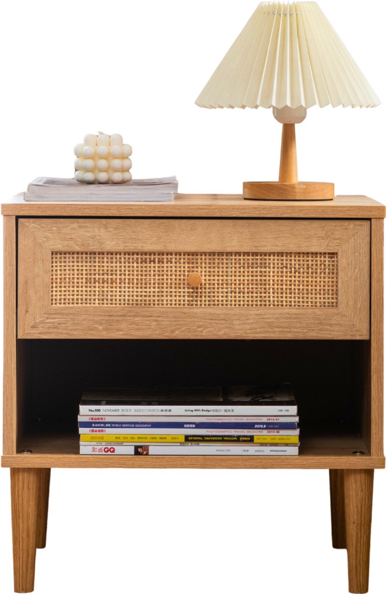 ACAZA Nachtkastje - Nachtkastjes - Eiken kleur - 48 x 39 x 49 cm (B x D x H) - Rotan accent - Nachtkastjes - Kast - Kasten - Rotan Kast - Kast met Lades - Table de chevet - Nachtkastjes Modern