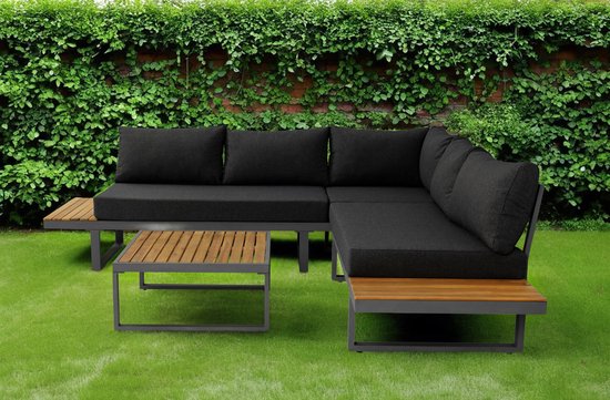 Salon de jardin 5 places en aluminium et bois d'acacia anthracite Darcio avec table de jardin