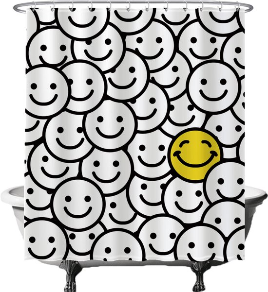 Rideau de douche avec un imprimé de smiley blancs, avec un smiley jaune au centre.