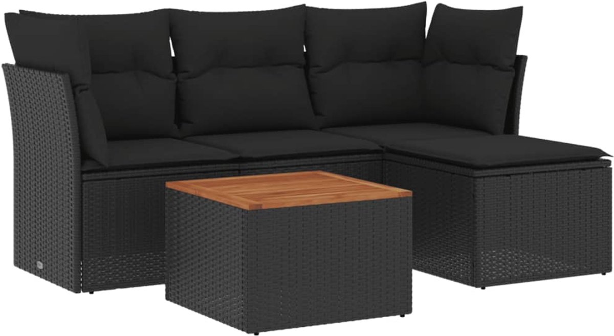 The Living Store 5-delige Loungeset met kussens poly rattan zwart - Loungeset - Lounge Set - Tuinlounge - Buitentijnen - Outdoor Furniture