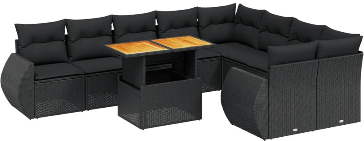 Zwart poly rattan loungeset met kussens voor buiten - The Living Store.