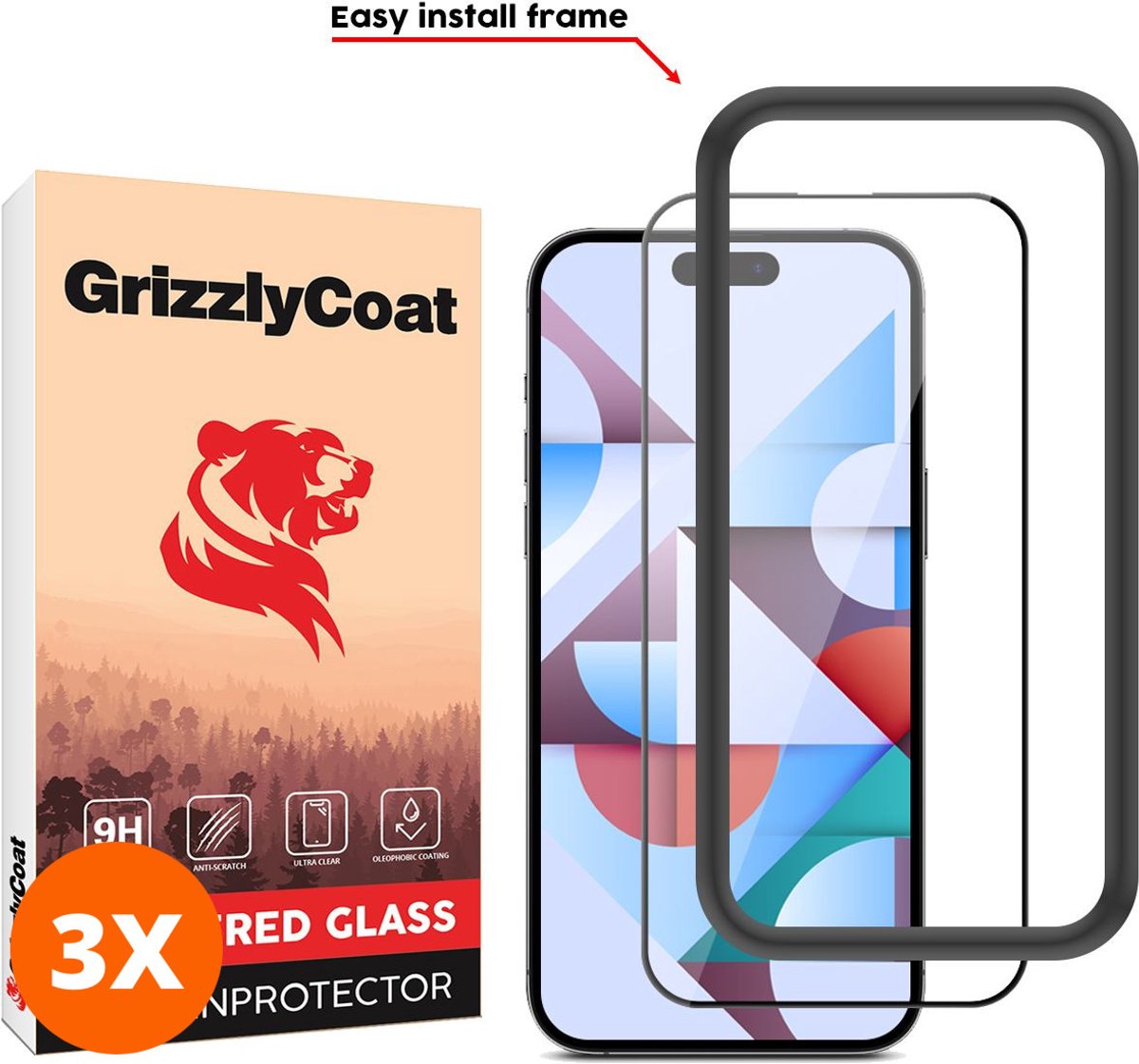 GrizzlyCoat Screenprotector geschikt voor Apple iPhone 15 Pro Max Glazen | GrizzlyCoat Easy Fit Screenprotector - Case Friendly + Installatie Frame - Zwart (3-Pack)