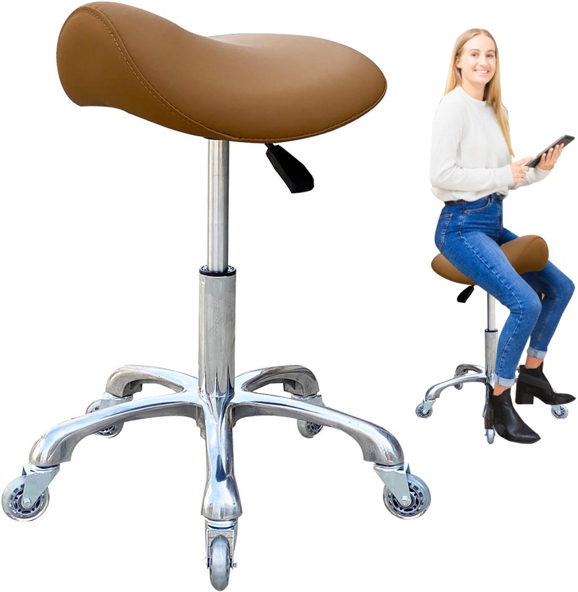 ApexArte® Zadelkruk op Wielen - Kapperskruk Ergonomisch - Tabouret - Khaki
