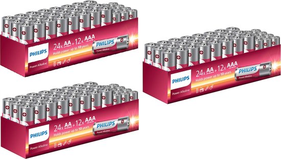 Drie displays met Philips Power Alkaline AA en AAA batterijen. Houdt de kracht tot 10 jaar vast.