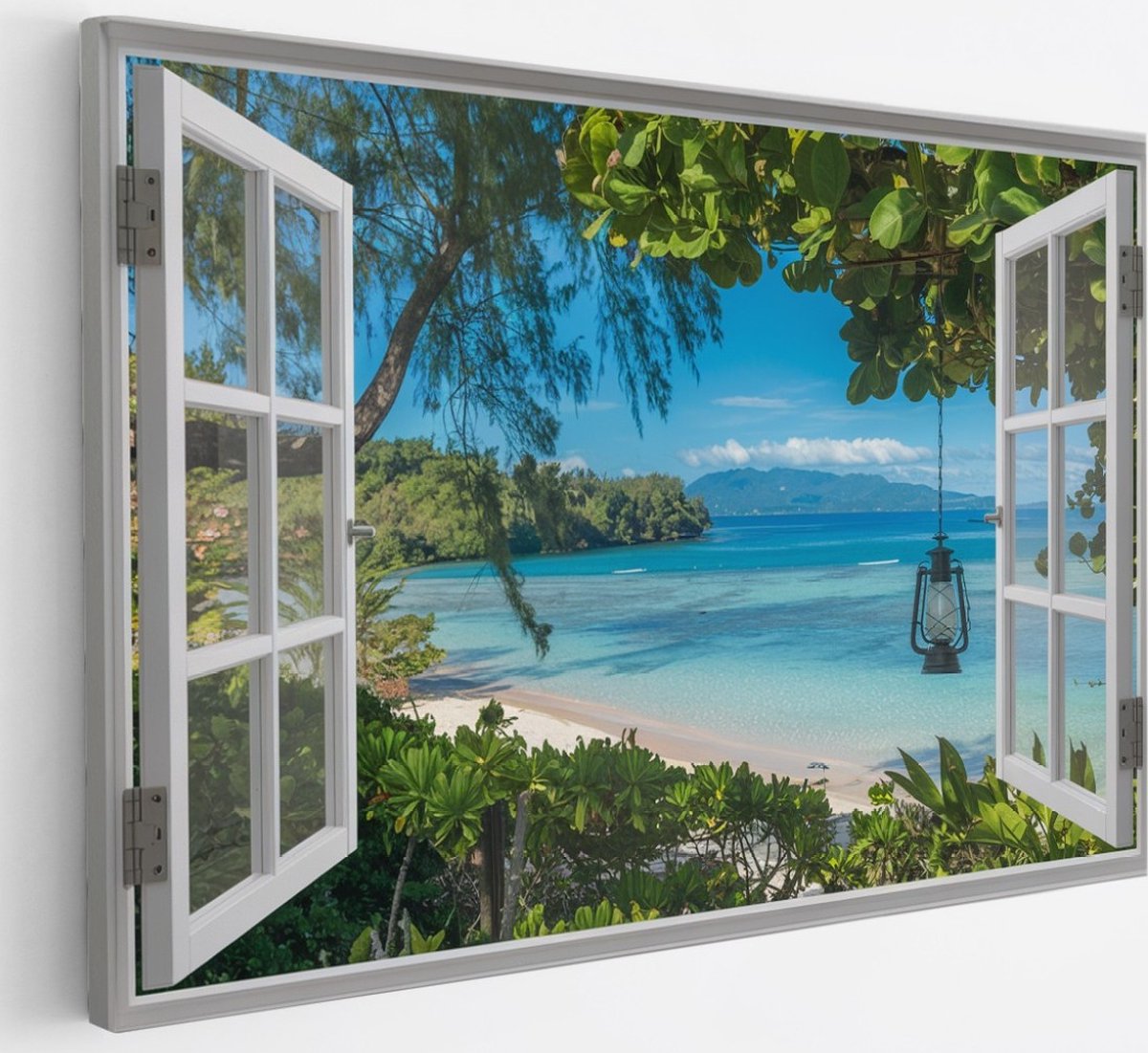 Saammp Canvas Schilderij - tropisch Strand en zee - Natuur - Doorkijk - 30x20 - Foto op canvas - Wanddecoratie - Muurdecoratie Woonkamer - Slaapkamer decoratie - Canvas Print Multicolor