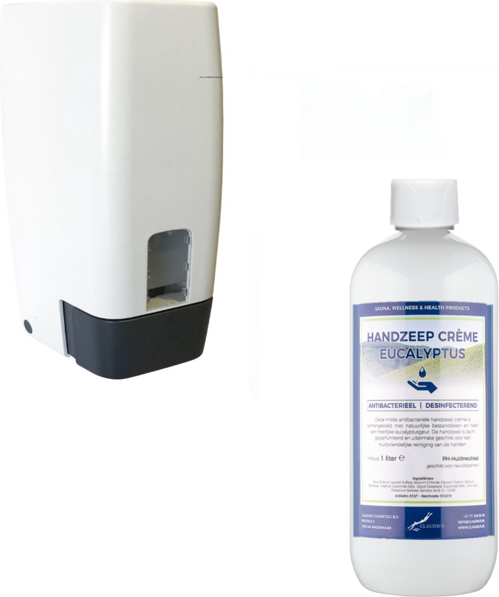 Zeepdispenser 1 liter kunststof hervulbaar + 1 liter Handzeep crème Eucalyptus