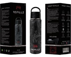 Refillz Drinkware® - (NEW) Camou Bottle Urban Grey&Black - Dubbelwandige Thermo Drinkfles 650ML - Waterfles - RVS Bidon - Click & Lock Lid Pro - 24u koud / 12u warm - Lekvrij Design - BPA Vrij