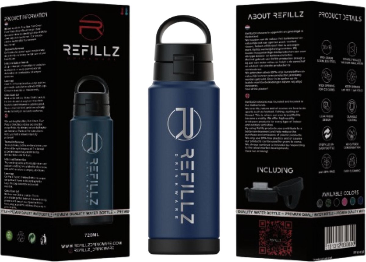 Refillz Drinkware® - (NEW) Pro X Bottle Navy Blue - Dubbelwandige Thermo Drinkfles 720ML - Waterfles - RVS Bidon - Click & Lock Lid Pro - 24u koud / 12u warm - Lekvrij Design - BPA Vrij