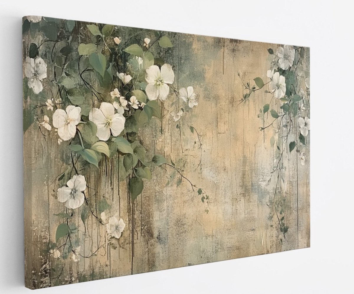 Saammp Canvas Schilderij - Vintage - Natuur -Witte Bloemen - 90x60 - Foto op canvas - Wanddecoratie - Muurdecoratie Woonkamer - Kantoor Decoratie Multicolor