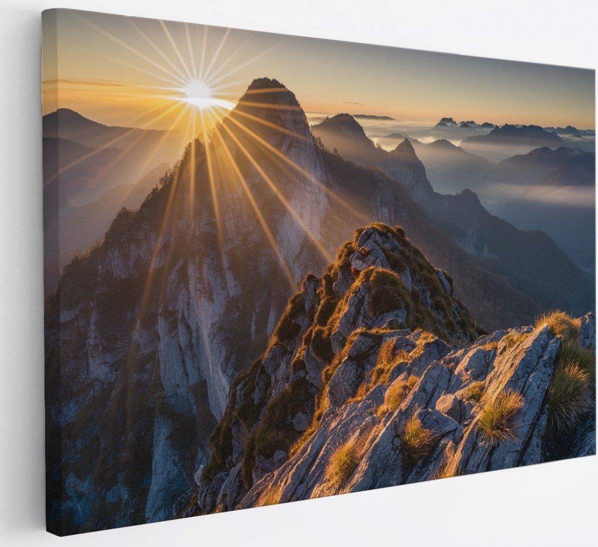 Saammp Canvas Schilderij -Bergtoppen met zonsopgang - Landschap - Natuur - 30x20 - Foto op canvas - Wanddecoratie - Muurdecoratie Woonkamer - Slaapkamer decoratie - Canvas Print Multicolor