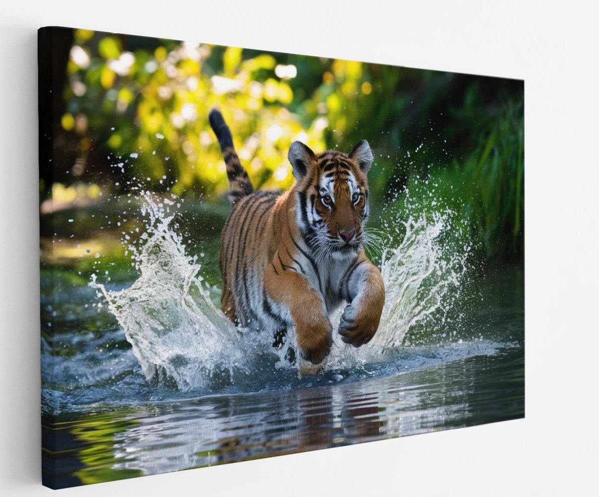 Saammp Canvas Schilderij - Tijger welp in het water - Natuur - Dieren - 40x30 - Foto op canvas - Wanddecoratie - muurdecoratie Woonkamer - Slaapkamer decoratie - Canvas Print Multicolor