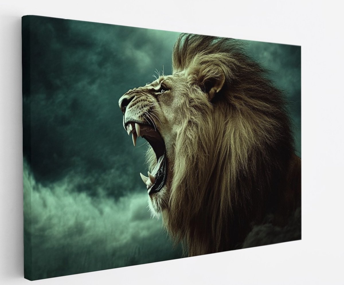 Saammp Canvas Schilderij - Grommende Leeuw - Storm - Dieren - Natuur - 50x40 - Foto op canvas - Wanddecoratie - Muurdecoratie Woonkamer - Slaapkamer decoratie - Canvas Print Multicolor