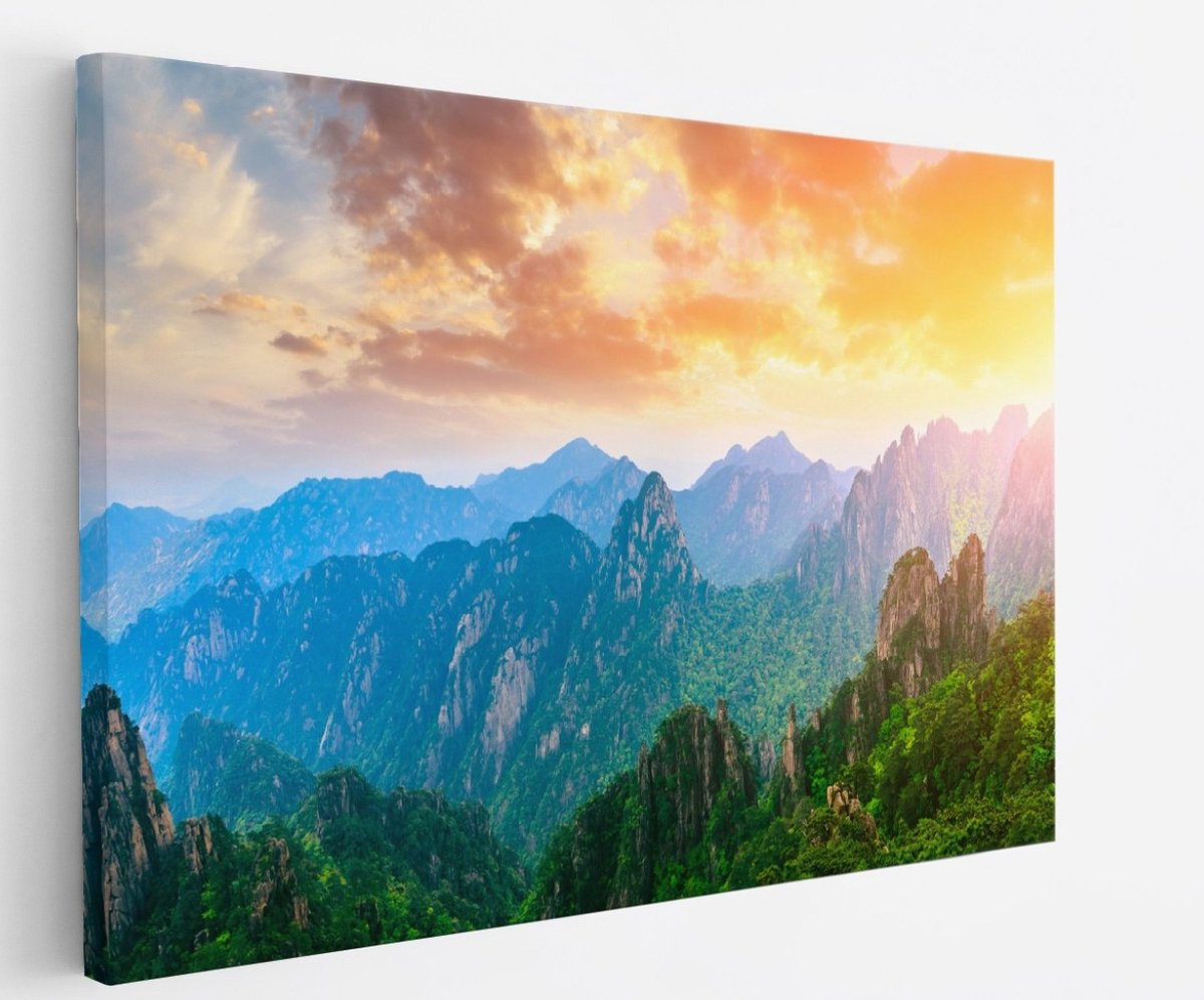 Saammp Canvas Schilderij - Groene bergtoppen - Landschap - Natuur - 150x100 - Foto op canvas - Wanddecoratie - Muurdecoratie Woonkamer - Slaapkamer decoratie - Canvas Print Multicolor