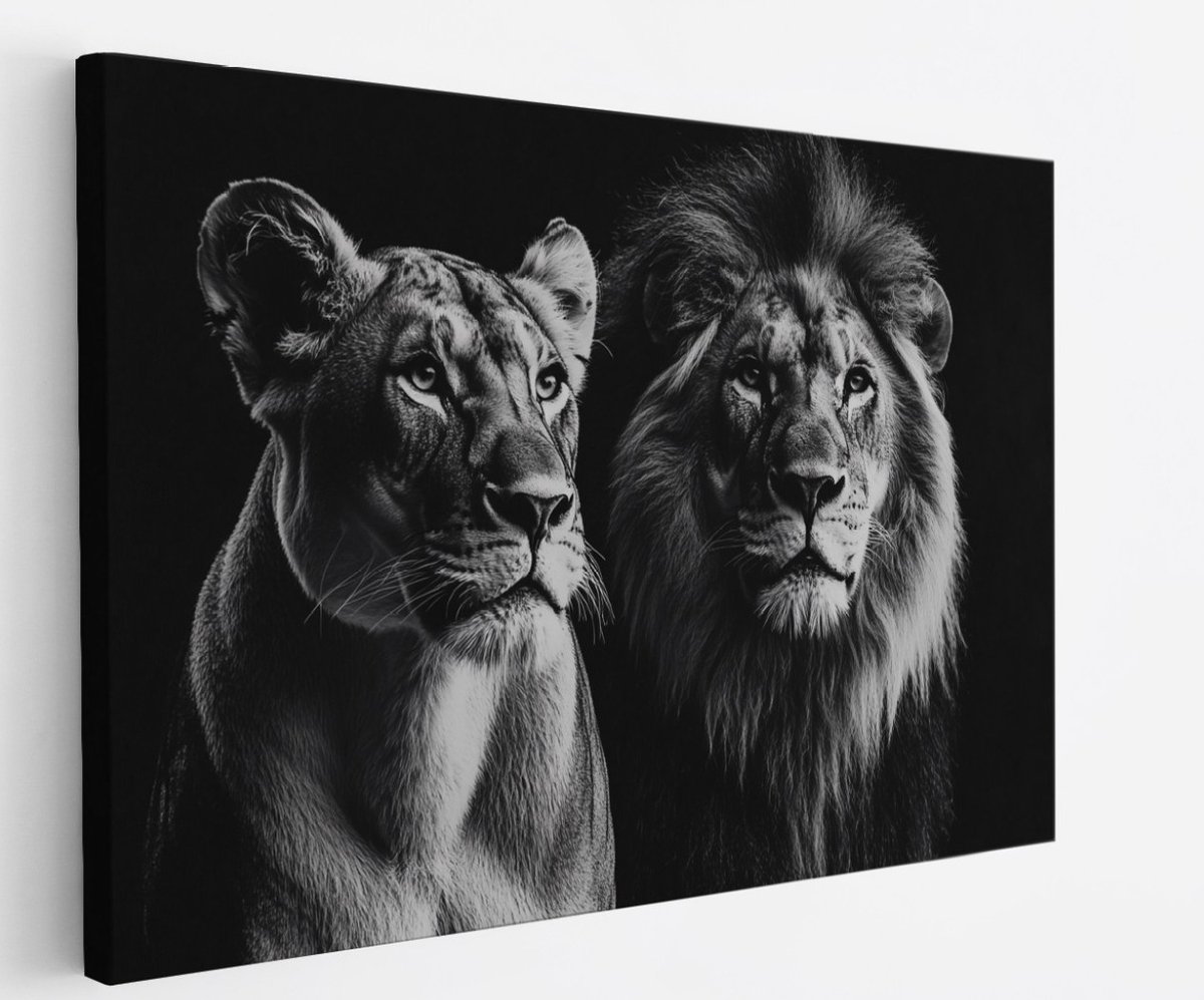 Saammp Canvas Schilderij - Leeuwin en leeuw - Portret - Dieren - Natuur - 100x75 - Foto op canvas - Wanddecoratie - Muurdecoratie Woonkamer - Slaapkamer decoratie - Canvas Print Multicolor