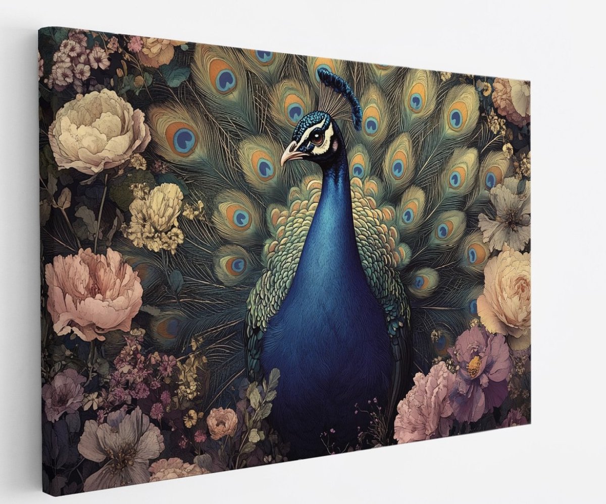 Saammp Canvas Schilderij - Pauw - Hanen- Bloemen - Dieren - Natuur - 45x30 - Foto op canvas - Wanddecoratie - muurdecoratie Woonkamer - Slaapkamer decoratie - Canvas Print Multicolor