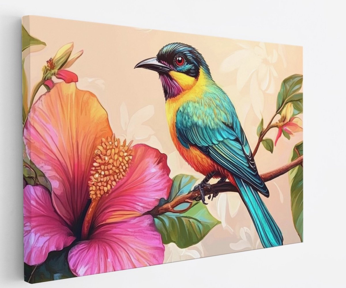 Saammp Canvas Schilderij - Vogel op tak met bloem - Natuur - Abstract - 100x75 - Foto op canvas - Wanddecoratie - Muurdecoratie Woonkamer - Woonkamer Decoratie Multicolor
