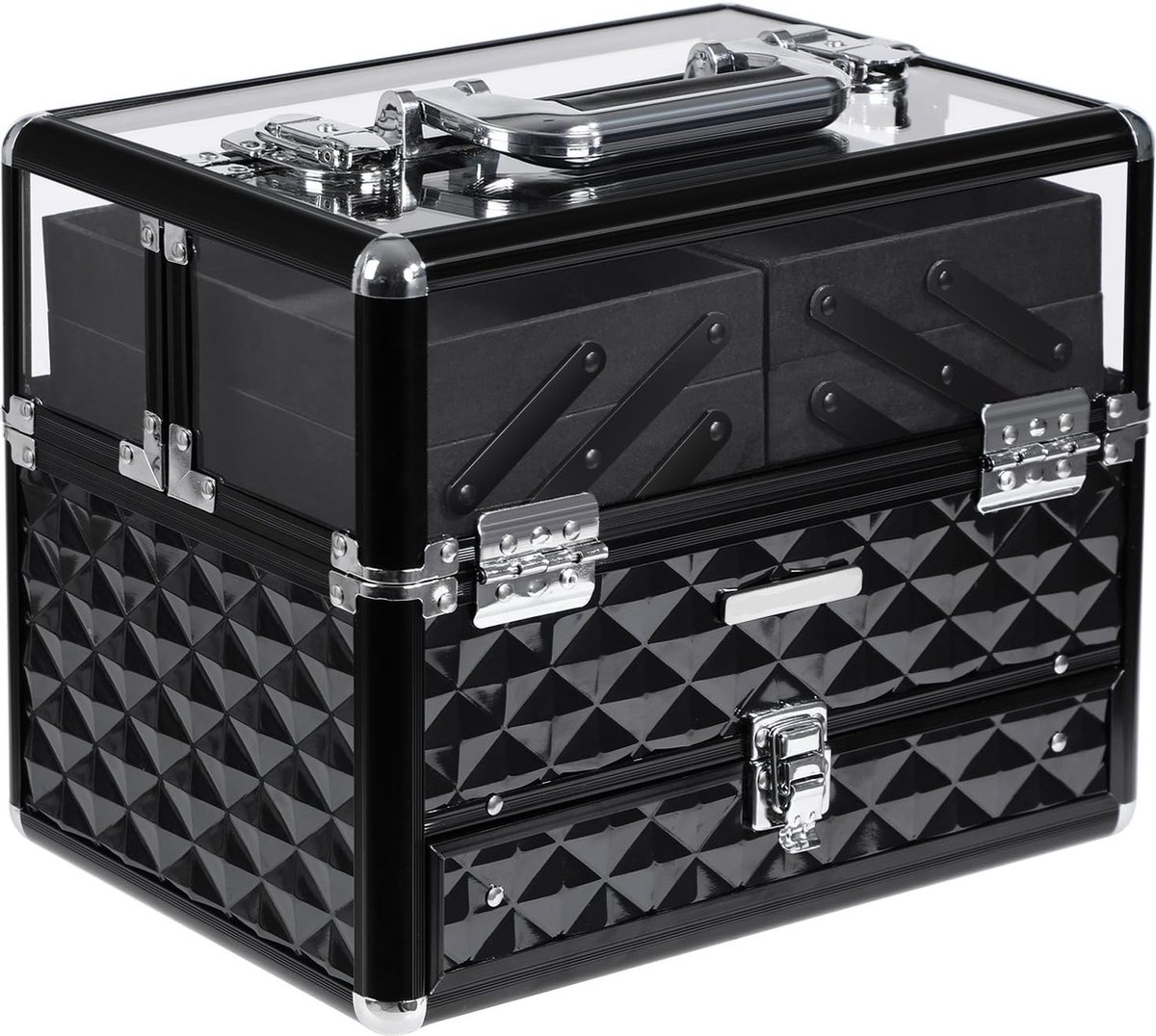 Cosmeticakoffer, professionele cosmeticakoffer, multifunctionele koffer, etagekoffer, transparant acrylglas, inklapbare vakken, XL , zwart HMTM-BC-30028-Black