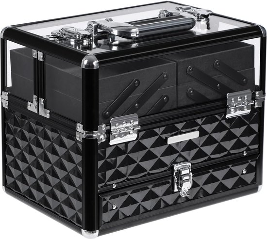 Cosmeticakoffer, professionele cosmeticakoffer, multifunctionele koffer, etagekoffer, transparant acrylglas, inklapbare vakken, XL , zwart HMTM-BC-30028-Black