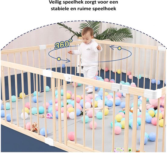 Veilig houten babyhek met ballebak, met baby die rondloopt en 360 graden pijlen.