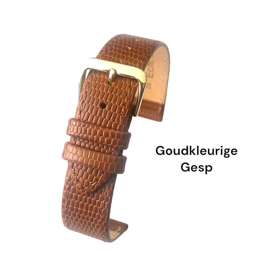 horlogeband-horlogebandje-14mm-echt leer-croco-lizardprint-lichtbruin-zacht-plat-goudkleurige gesp-leer-14 mm