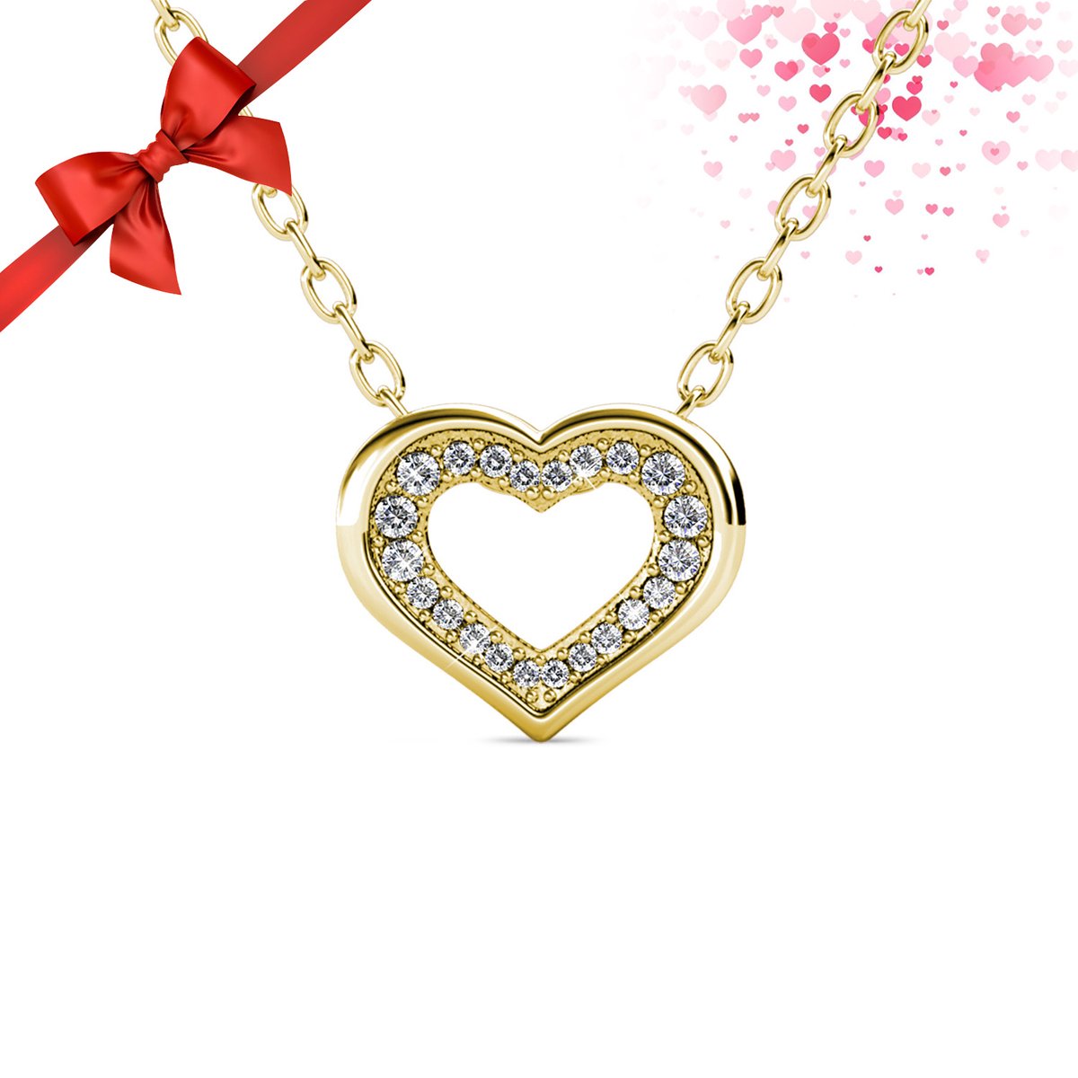 Shoplace Hart ketting dames rond met Swarovski® kristallen - Gold plated - Schakelketting - Halsketting - Cadeau voor vrouw - 45cm - Goudkleurig