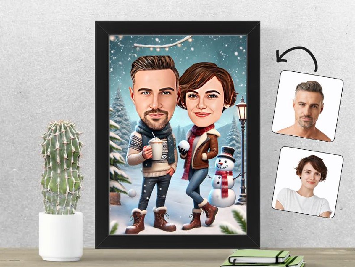 Knus Stel in een Winter Wonderland - Gepersonaliseerde Karikatuur Fotolijst 21x30 cm - Gepersonaliseerd Cadeau - Met Jouw Foto - Verjaardag - Kerst - Valentijn - Uniek en Handgemaakt - Cadeau - Verjaardag - Kerst - Kado - Valentijn - Huwelijk - Moede
