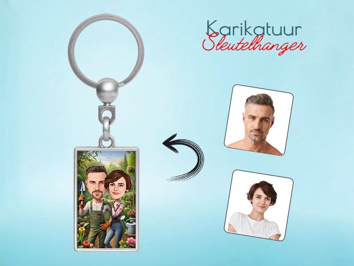 Tuinieren Karikatuur - Vrolijk Stel in een Groen Paradijs - Gepersonaliseerde Karikatuur Sleutelhanger - Gepersonaliseerd Cadeau - Met Jouw Foto - Verjaardag - Kerst - Valentijn - Uniek en Handgemaakt - Cadeau - Verjaardag - Kerst - Kado - Valentijn