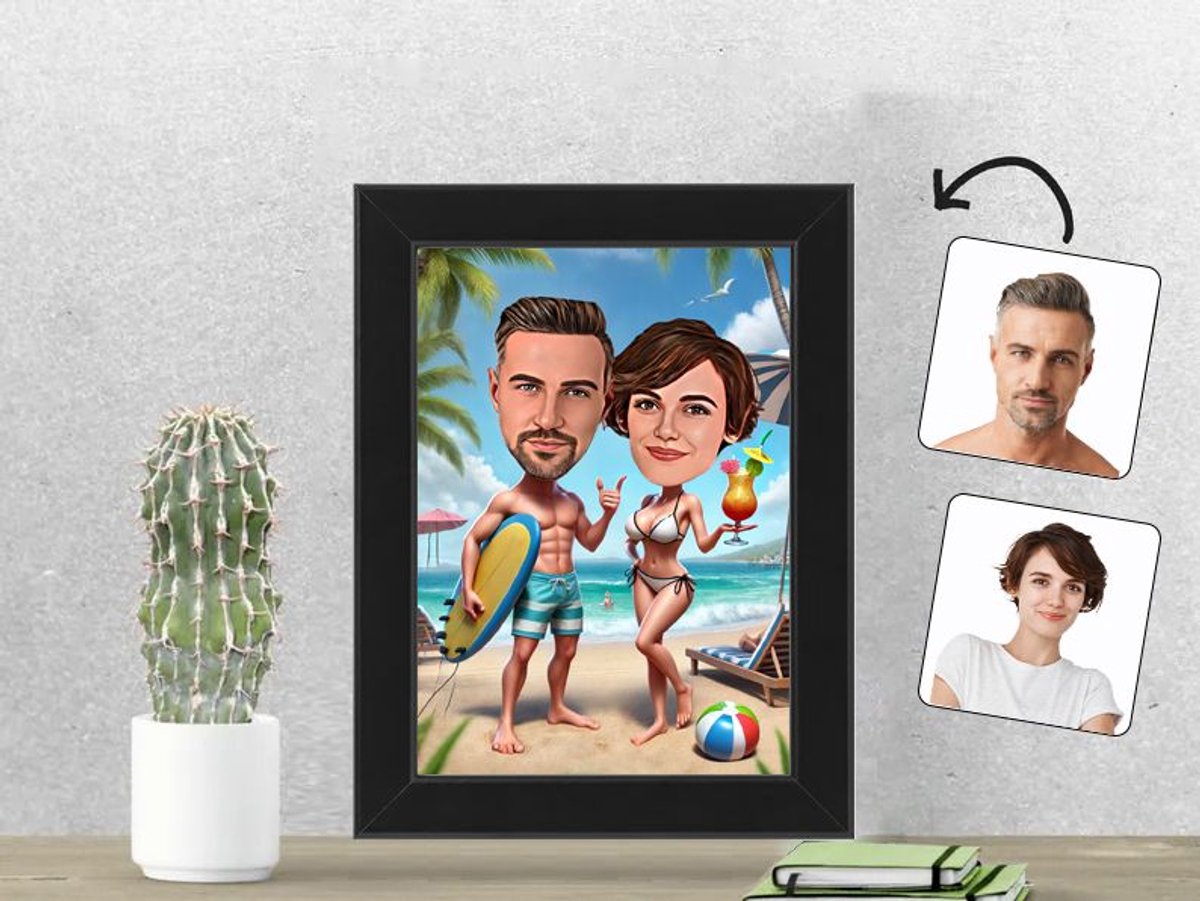 Zomers Strandavontuur met Jouw Gezicht - Gepersonaliseerde Karikatuur Fotolijst 13x18 cm - Gepersonaliseerd Cadeau - Met Jouw Foto - Verjaardag - Kerst - Valentijn - Uniek en Handgemaakt - Cadeau - Verjaardag - Kerst - Kado - Valentijn - Huwelijk - M
