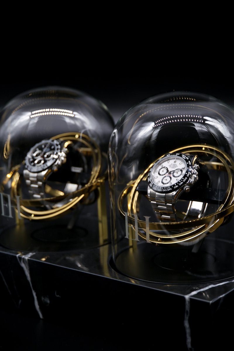Dubbele Tourbillon horlogeopwinder in zwart Nero Marquina marmer en goud stalen ringen - Elbrus Horology - Gyrowinder Orbit Watch Winder