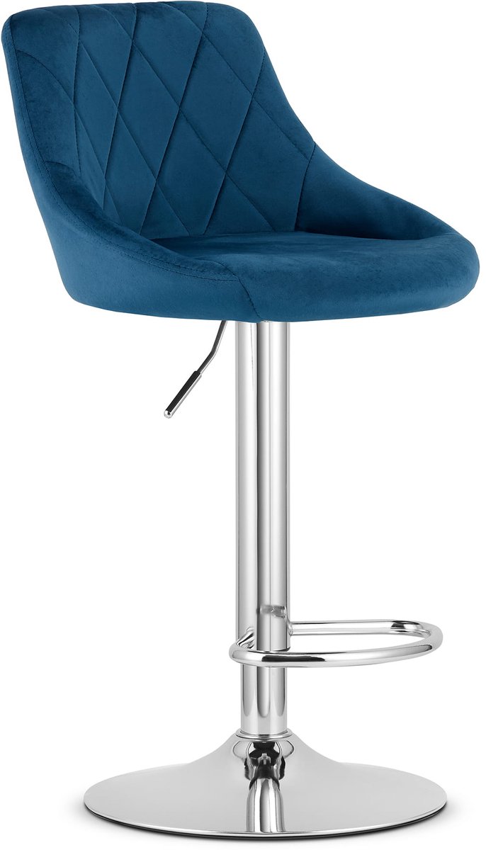 LEOBERT Barkruk AREX - Velvet Blauw, Chromen Basis, Rugleuning, Modern Design, Hoogte Verstelbaar, 360° Draaibaar, Max. 120 kg