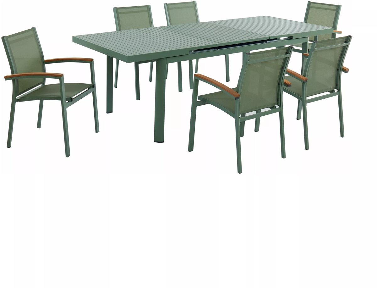 Tuinset met uitschuifbare aluminium tafel en 6 opstapelbare fauteuils in amandelgroen.