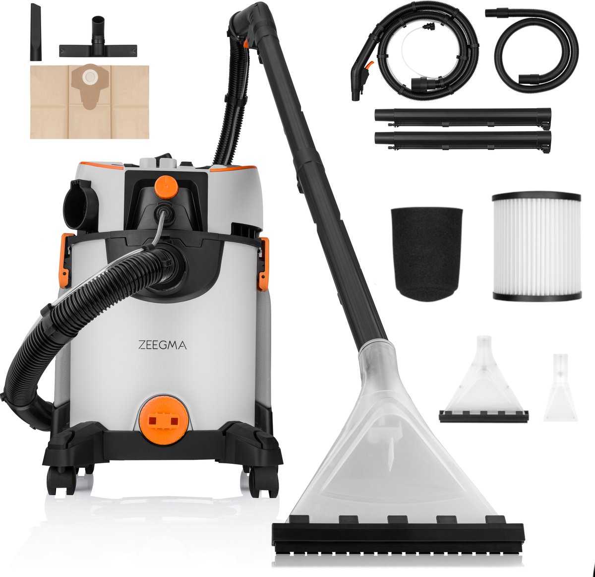 Zeegma Zonder Wash – Nat- & Droogzuiger – Tapijtreiniger – 1400W – 4L Waterreservoir – Blaasfunctie – HEPA-filter – Vermogensregeling – Extractietechnologie – 13m Bereik – Bekleding & Tapijt – Waterafvoer – Accessoireset – Zwenkwielen