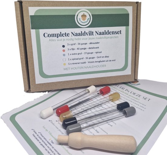 Complete Naaldvilt Naaldenset met houten naaldhouder en 6 naalden in transparante kokers.