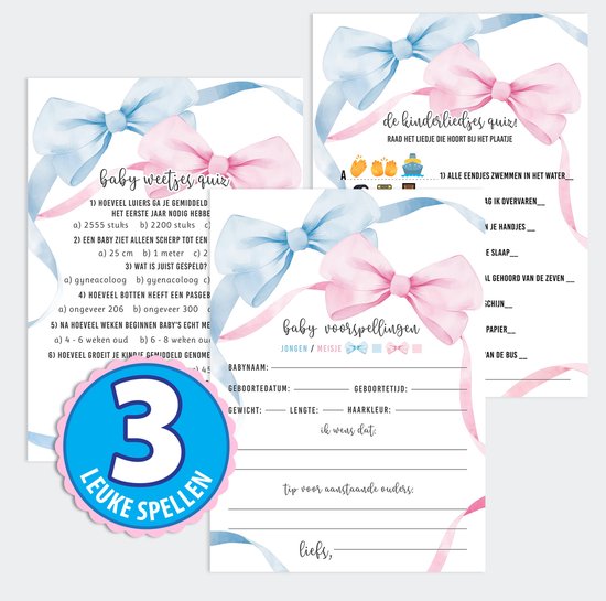 Pack de cartes à remplir pour baby shower - 3 Jeux de baby shower pour 20 personnes - Reveal du sexe - Carte à remplir de prédictions Bébé - Cartes de quiz pour baby shower