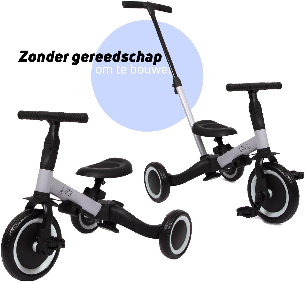 Billy 4 in1 Driewieler met duwstang - Loopfiets - Kinderfiets - Balance Bike - Gio - Zwart-Grijs — afbeelding 2