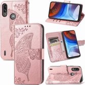 Voor Motorola Moto E7 Power Butterfly Love Flower Reliëf Horizontale Flip Leather Case met Bracket & Card Slot & Wallet & Lanyard (Rose Gold)