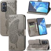 Voor OnePlus 9 Pro Butterfly Love Flowers Reliëf Horizontaal Flip Leren Hoesje met Houder & Kaartsleuven & Portemonnee & Lanyard (Grijs)