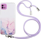 Voor Samsung Galaxy A22 5G hol marmerpatroon TPU schokbestendig beschermhoes met nekriem touw (roze)