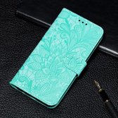 Voor Samsung Galaxy A22 4G Lace Flower Embossing Pattern Horizontale Flip lederen tas met houder & kaartsleuven & portemonnee & fotolijst (groen)