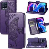 Voor Realme V13 5G/8 5G/Q3i 5G/Q3 5G Vlinder Liefde Bloemen Reliëf Horizontale Flip Lederen Case met Houder & Kaartsleuven & Portemonnee & Lanyard (Donkerpaars)