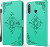 Voor Samsung Galaxy A21 US Versie Reliëf Fortune Bloem Patroon Horizontale Flip Leren Case met Houder & Kaartsleuf & Portemonnee & Lanyard (Groen)