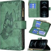 Voor iPhone 12 Flying Butterfly Embossing Pattern Rits Horizontale Flip lederen tas met houder & kaartsleuven & portemonnee (groen)