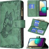 Voor Samsung Galaxy A02 Flying Butterfly Embossing Pattern Rits Horizontale Flip Leather Case met houder & kaartsleuven & portemonnee (groen)