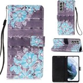 Voor Samsung Samsung Galaxy S21 FE 3D Schilderen Horizontale Flip Leren Case met Houder & Kaartsleuf & Portemonnee & Lanyard (Blauwe Bloem)