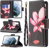 Voor Samsung Galaxy S21 FE Gekleurde Tekening Patroon Rits Horizontale Flip Lederen Case met Houder & Kaartsleuven & Portemonnee (Lotus)