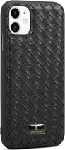 Fierre Shann lederen textuur telefoon achterkant hoes voor iPhone 11 Pro Max (geweven zwart)