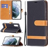 Voor Samsung Galaxy S21 FE Kleuraanpassing Denim Textuur Horizontale Flip Leren Case met Houder & Kaartsleuven & Portemonnee & Lanyard (Zwart)