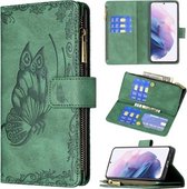 Voor Samsung Galaxy S21 + 5G Flying Butterfly Embossing Pattern Rits Horizontale Flip Leather Case met houder & kaartsleuven & portemonnee (groen)